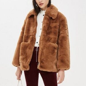 TOPSHOP Faux Fur Zip Up Teddy Coat Jacket w/ Pockets
